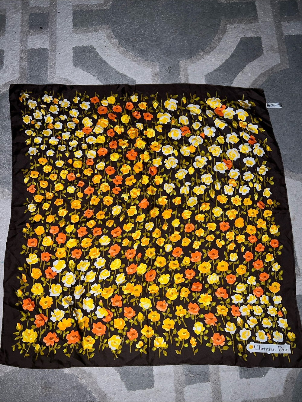Dior Brown Silk Scarf with Yellow & Orange Floral Print